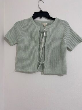 moon & madison Mint Green Ribbed Tie-Front Short-Sleeve Top